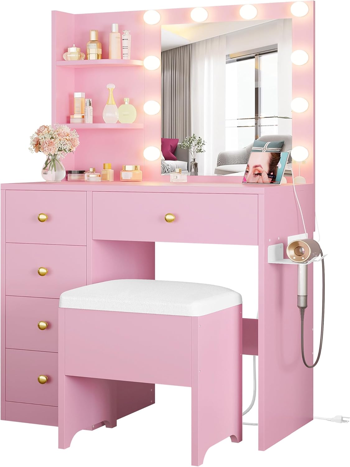 IRONCK Vanity Desk with Mirror and Lights, Small Makeup Vanity Table with 5 Drawers, Power Outlet, and Vanity Stool, 3 Lighting Colors, Dressing Table for Women Girls Bedroom, White
