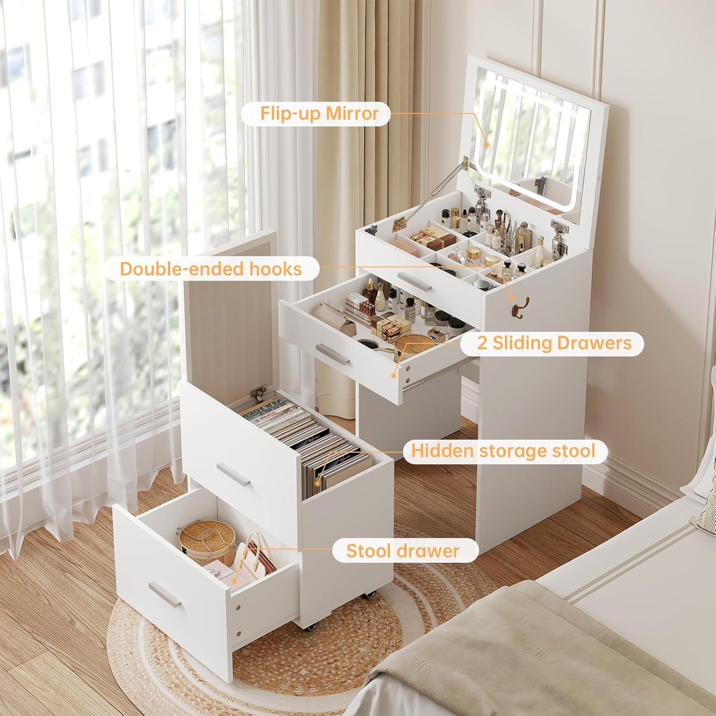 3 in 1 Vanity Desk, Compact Vanity with 3 Drawers, Makeup Desk with Flip-up 3 Colors Lighting Mirror and Cushioned Stool, Small Vanities Nightstand Perfect for Bedroom, White