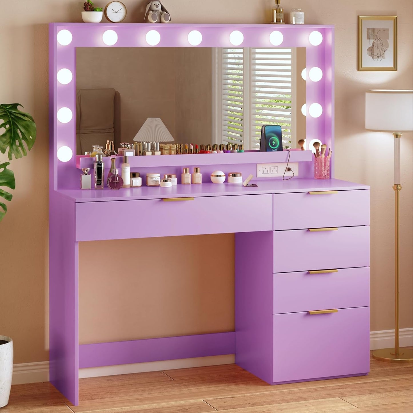 Vanity Desk with Large Mirror and Lights, 45.3in Makeup Vanity with Power Outlet 9 Drawers & Storage, 3 Lighting Color Adjustable, White Vanity Desk for Bedroom