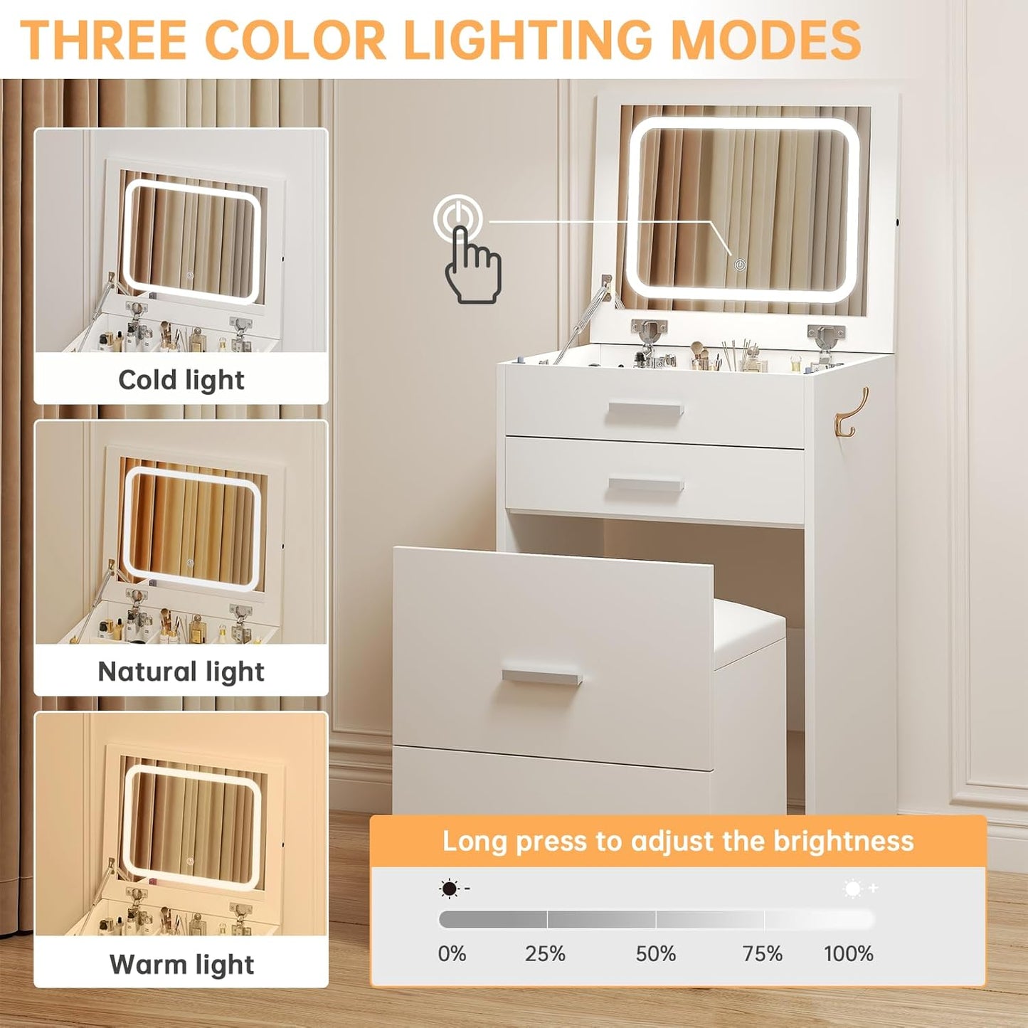 3 in 1 Vanity Desk, Compact Vanity with 3 Drawers, Makeup Desk with Flip-up 3 Colors Lighting Mirror and Cushioned Stool, Small Vanities Nightstand Perfect for Bedroom, White