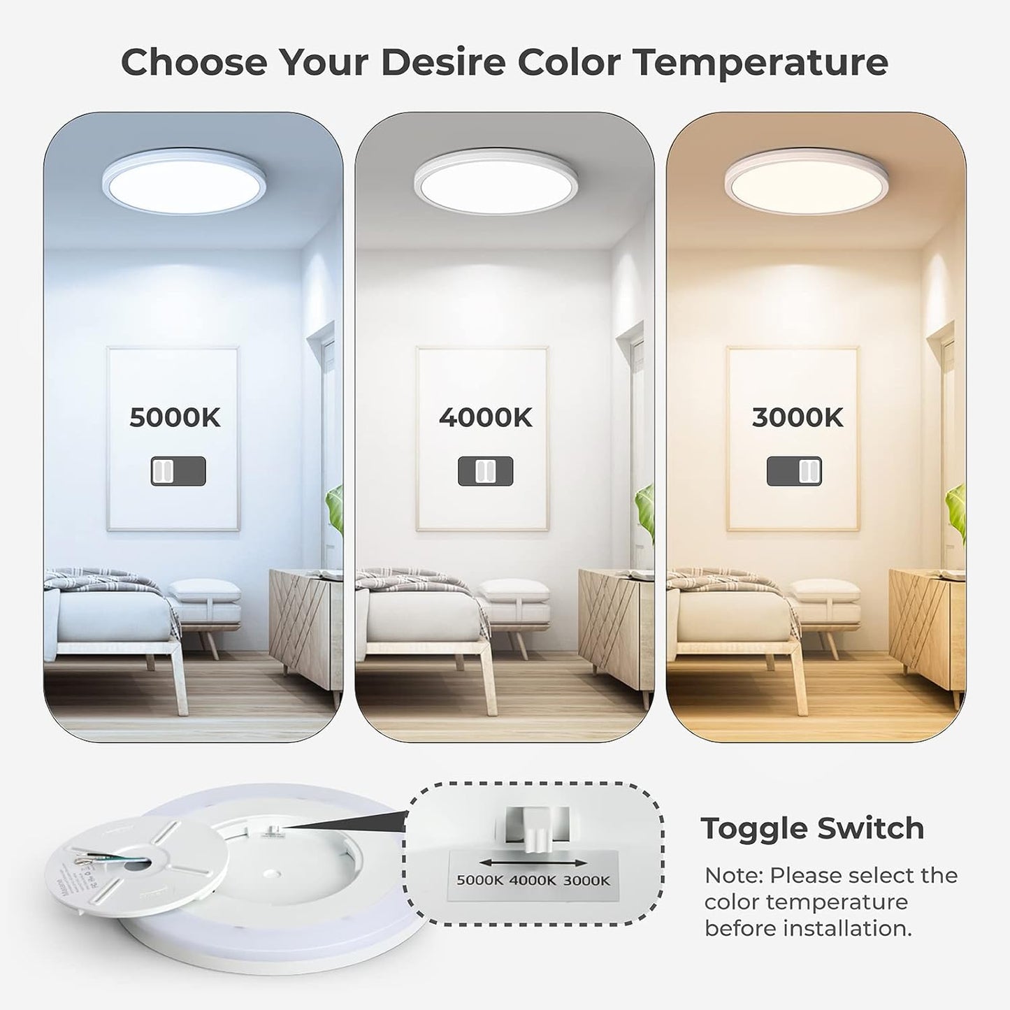 Matane 2Pack LED Flush Mount Ceiling Light Fixture with Night Light, 12inch 24W 2400LM 3000K/4000K/5000K Selectable, Dimmable LED Ceiling Lights for Bedroom, Dining Room, Kitchen, Round White