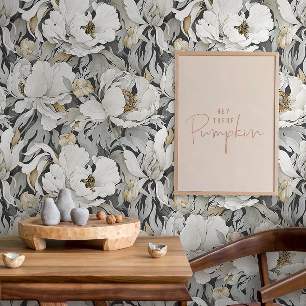 White Poppies Floral Modern Grey Peonies Flowers Peel and Stick Wallpaper Self Adhesive Removable Easy Peel Off Stick on Wall Paper for Bedroom Renter