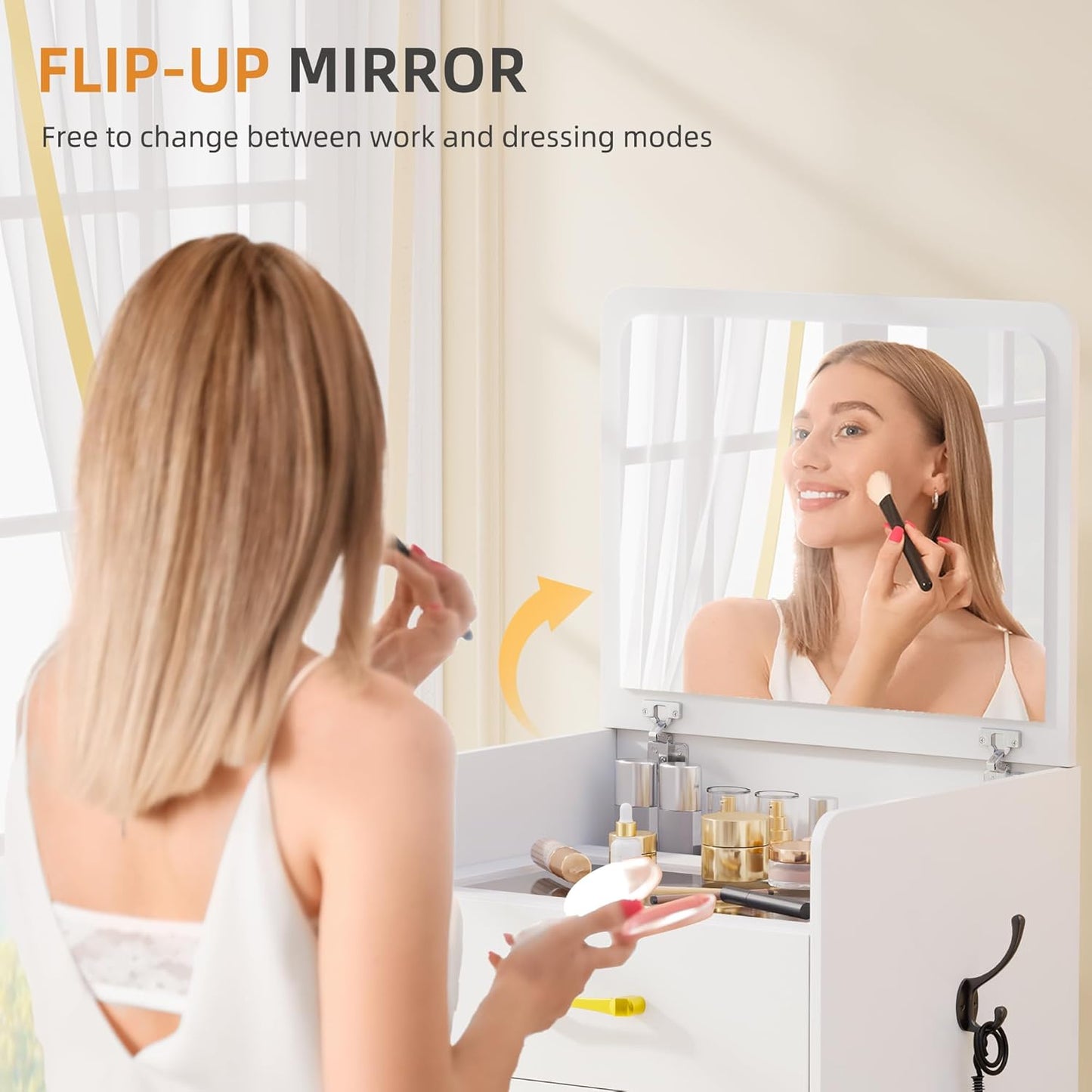 Gurexl 3 in 1 Vanity Desk with Flip Top Mirror,Small Make Up Vanity Set with Visible Glass Desktop,Compact Makeup Vanity with 3 Drawers,Cushioned Stool,Dressing Table for Bedroom