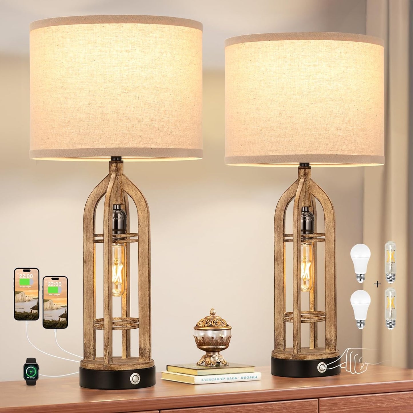 Seealle Table Lamps for Living Room Set of 2 - Black Bedside Lamp for Bedroom with USB C+A & Outlet, Farmhouse Lamps for Night Stands, 3-Way Dimmable Touch Lamps for Living Room with Oat Shade