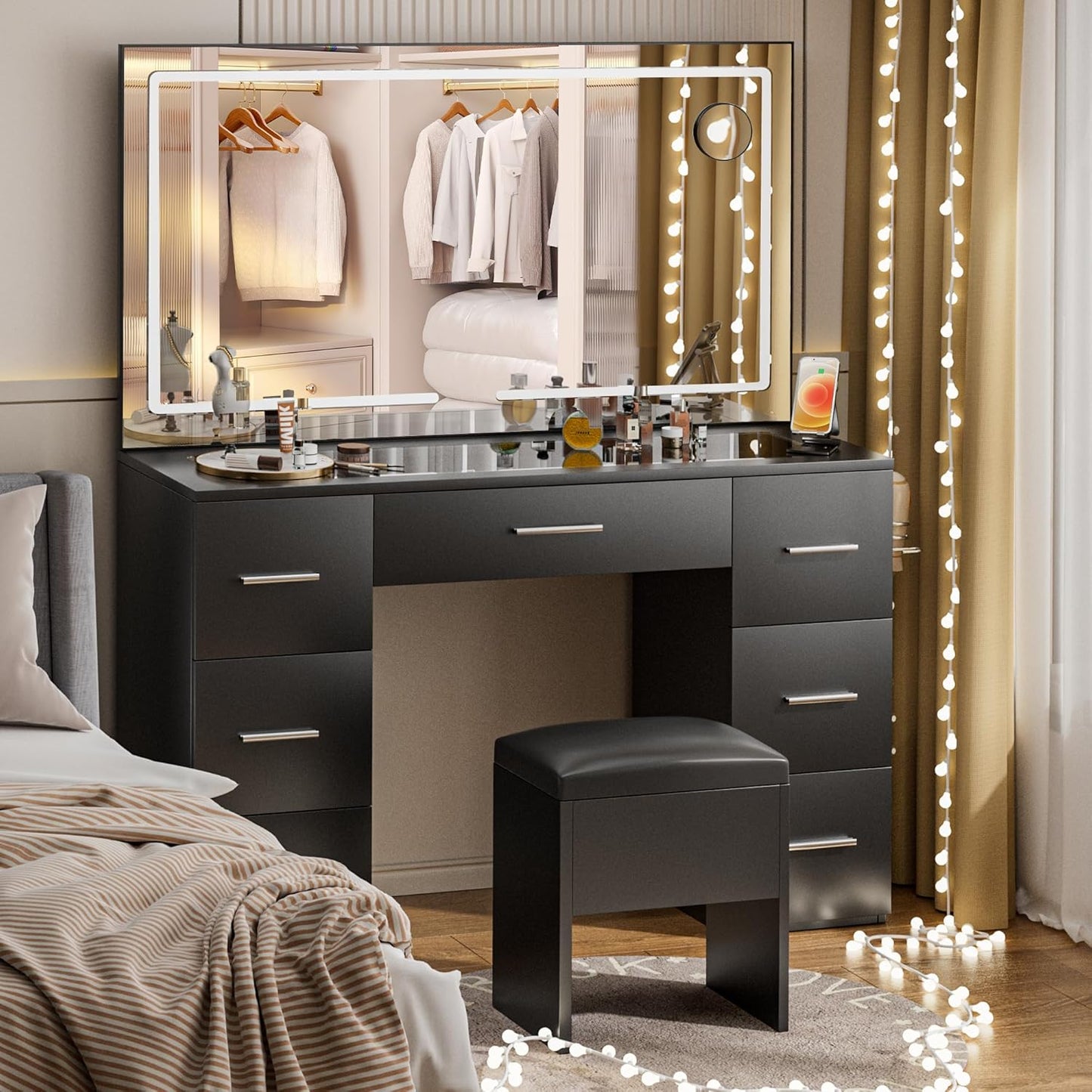 Makeup Vanity Desk with Power Outlet, 46'' Glass Top Vanity Set, 7 Drawers Vanity Table with Cushioned Stool, 3 Lighting Modes Brightness Adjustable,White