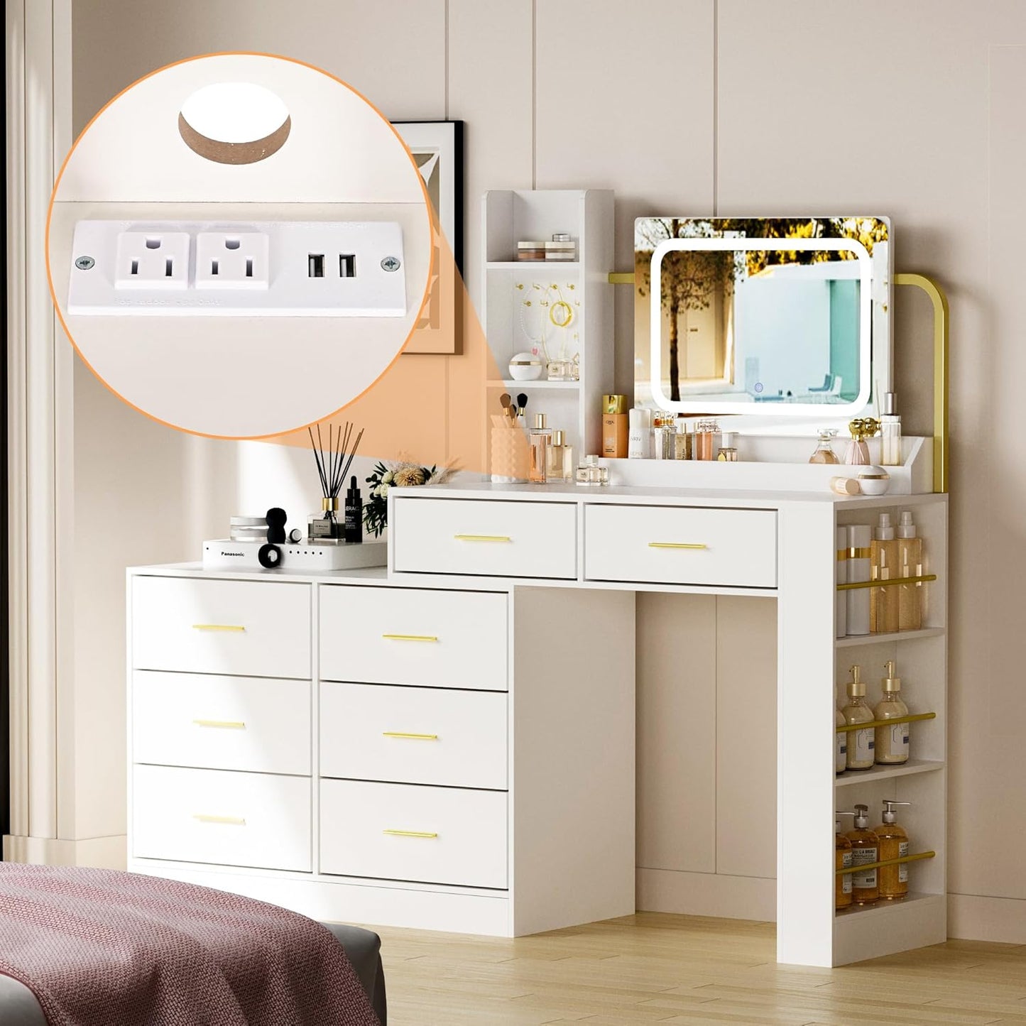 Pamapic 8 Drawers Makeup Vanity with Mirror and Lights, 15 Storage Vanity Desk with Power Outlet, Golden Handles Dresser with Mirror,Adjustable Width, White Dressing Table