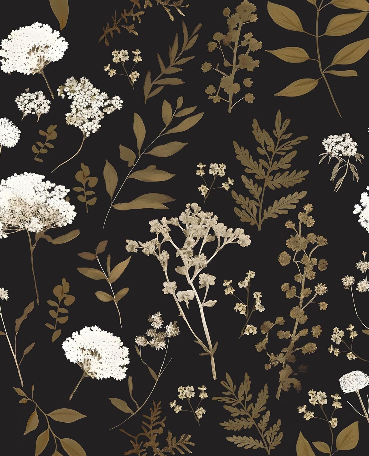 Dark Wallpaper Peel and Stick Black Floral Wallpaper 17.5'' x 393'' Gold Leaf Contact Paper Vinyl Waterproof Self Adhesive Boho Botanical Wall Paper for Bedroom Shlef Cabinet Décor