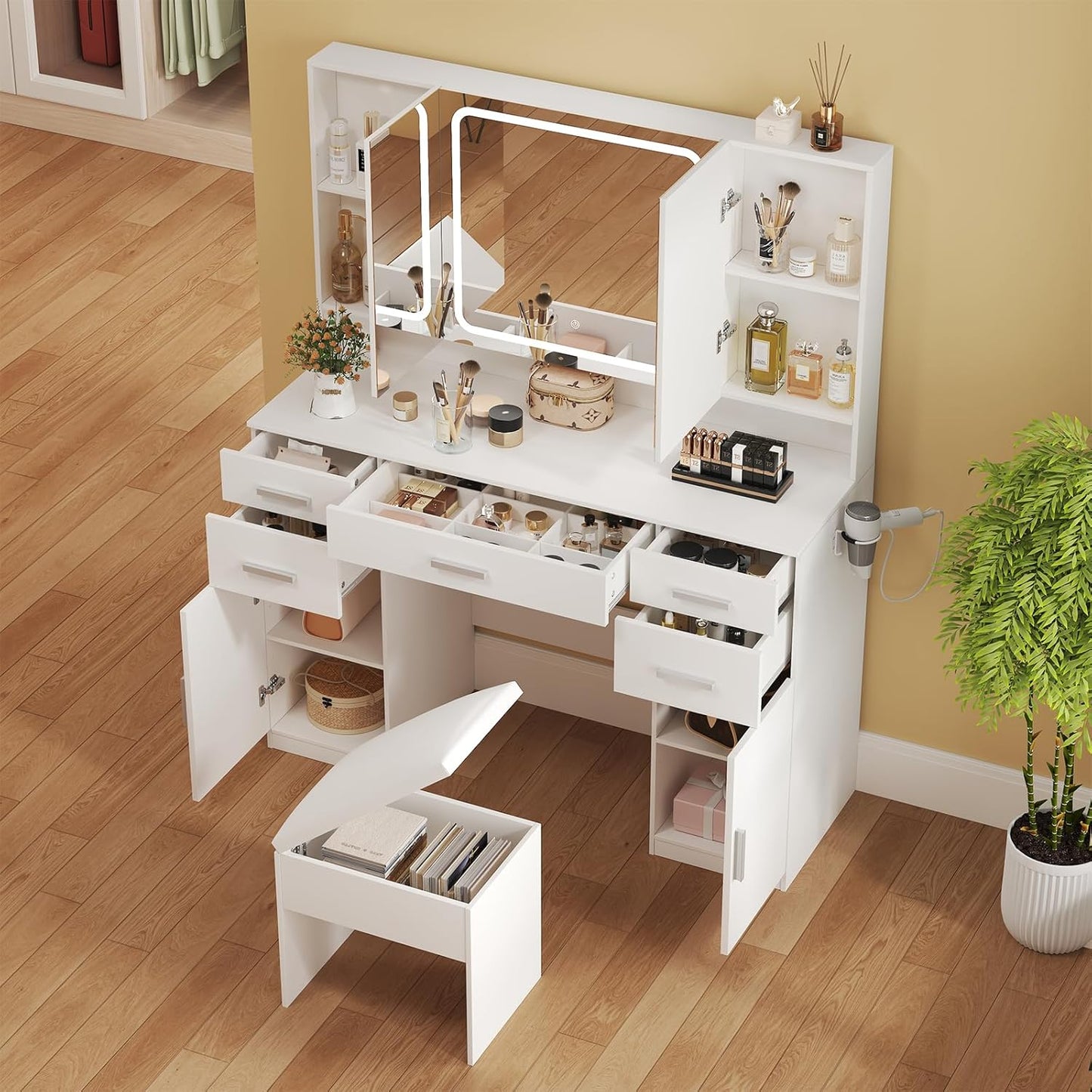 3 in 1 Vanity Desk, Compact Vanity with 3 Drawers, Makeup Desk with Flip-up 3 Colors Lighting Mirror and Cushioned Stool, Small Vanities Nightstand Perfect for Bedroom, White