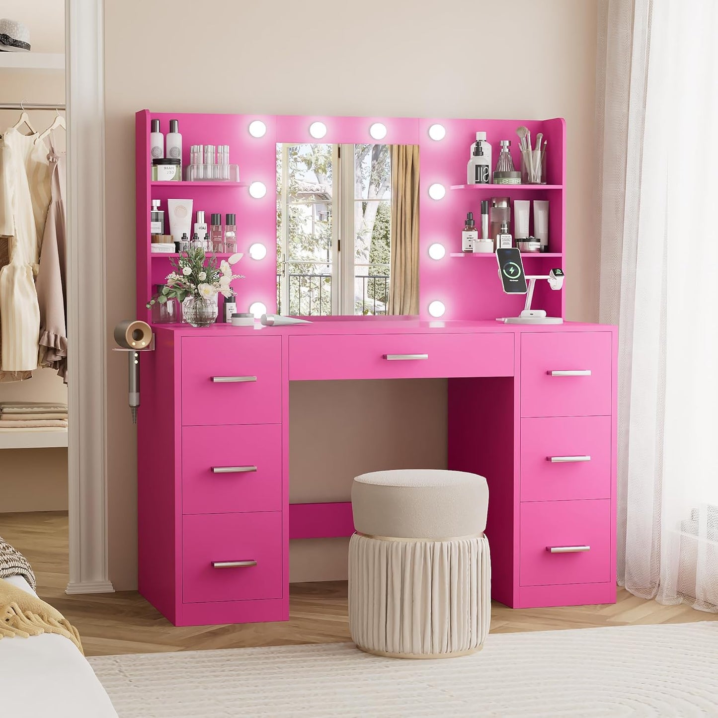 YESHOMY Vanity Desk with Mirror, Power Outlet and 10 Lights, Makeup Table with 7 Drawers, 3 Color Modes Available for Bedroom, Pure White