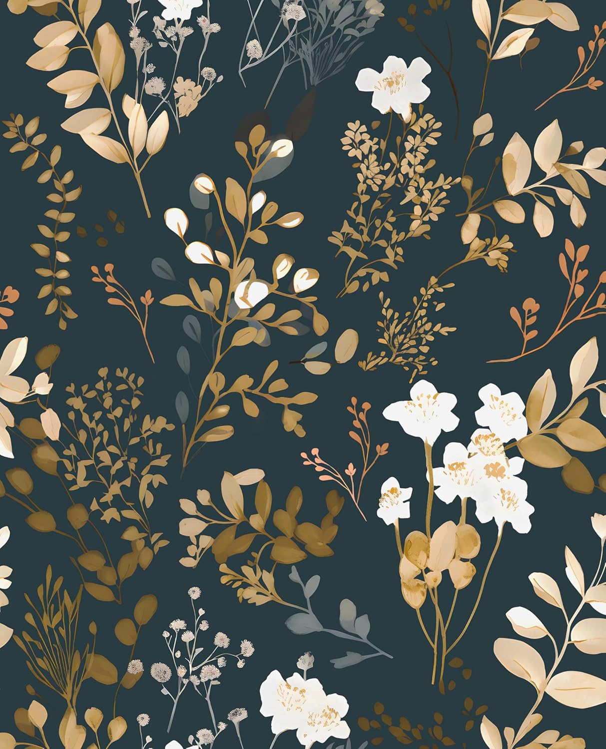 Dark Wallpaper Peel and Stick Black Floral Wallpaper 17.5'' x 393'' Gold Leaf Contact Paper Vinyl Waterproof Self Adhesive Boho Botanical Wall Paper for Bedroom Shlef Cabinet Décor