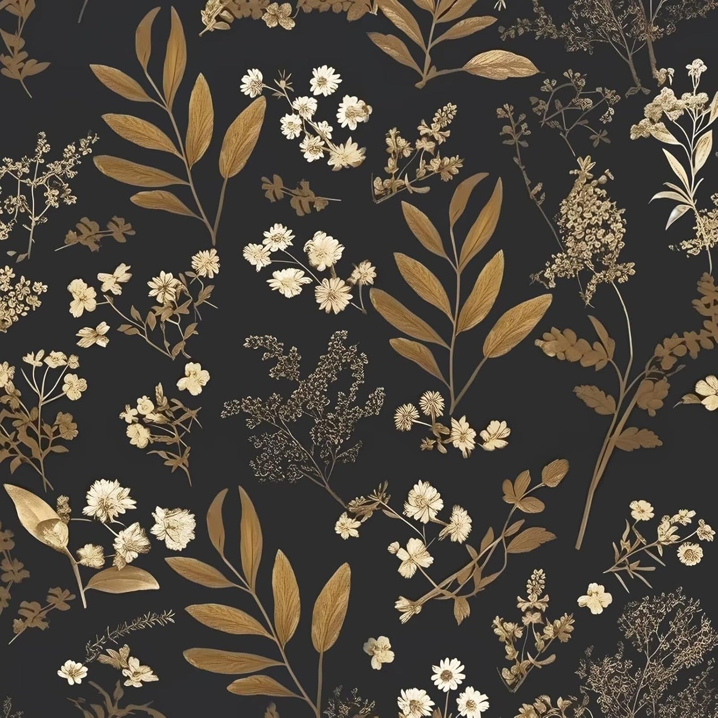 Dark Wallpaper Peel and Stick Black Floral Wallpaper 17.5'' x 393'' Gold Leaf Contact Paper Vinyl Waterproof Self Adhesive Boho Botanical Wall Paper for Bedroom Shlef Cabinet Décor