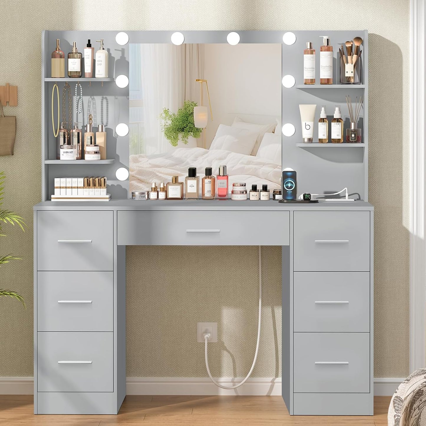 Quimoo Large Vanity Desk with LED Lighted Mirror & Power Outlet,Makeup Vanity Table with 7 Drawers,4 Shelves and 5 Hooks,Vanity Table, Vanity Desk Set for Bedroom,Bathroom,White