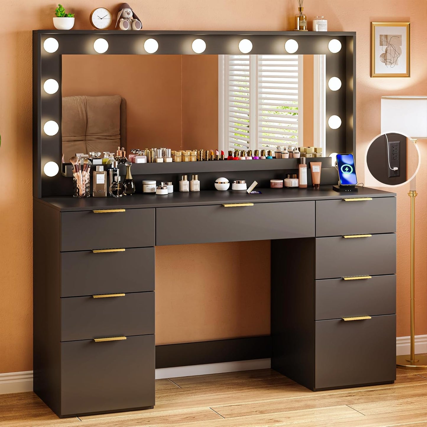 Vanity Desk with Large Mirror and Lights, 45.3in Makeup Vanity with Power Outlet 9 Drawers & Storage, 3 Lighting Color Adjustable, White Vanity Desk for Bedroom