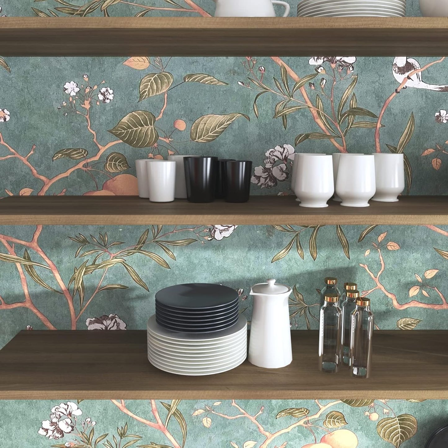 Green Leaf Wallpaper Peel and Stick Bird Wallpaper 17.5" x 393" Vintage Contact Paper Waterproof Self Adhesive Removable Boho Floral Wall Paper for Bedroom Walls Cabinet Locker