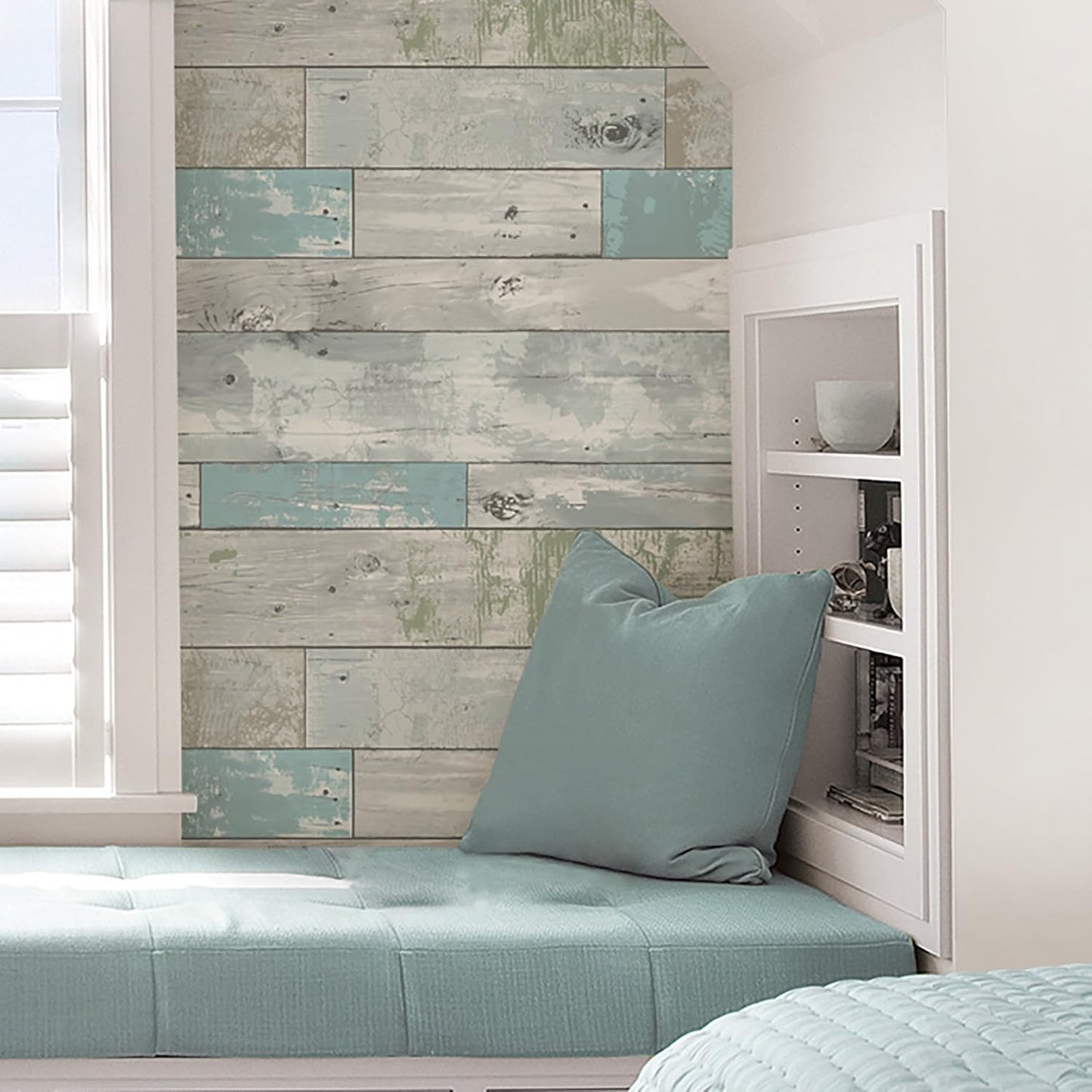 NuWallpaper NU3126 Beachwood Peel & Stick Wallpaper, Multicolor , Blue