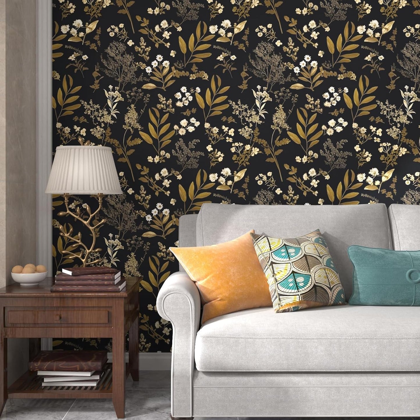Dark Wallpaper Peel and Stick Black Floral Wallpaper 17.5'' x 393'' Gold Leaf Contact Paper Vinyl Waterproof Self Adhesive Boho Botanical Wall Paper for Bedroom Shlef Cabinet Décor
