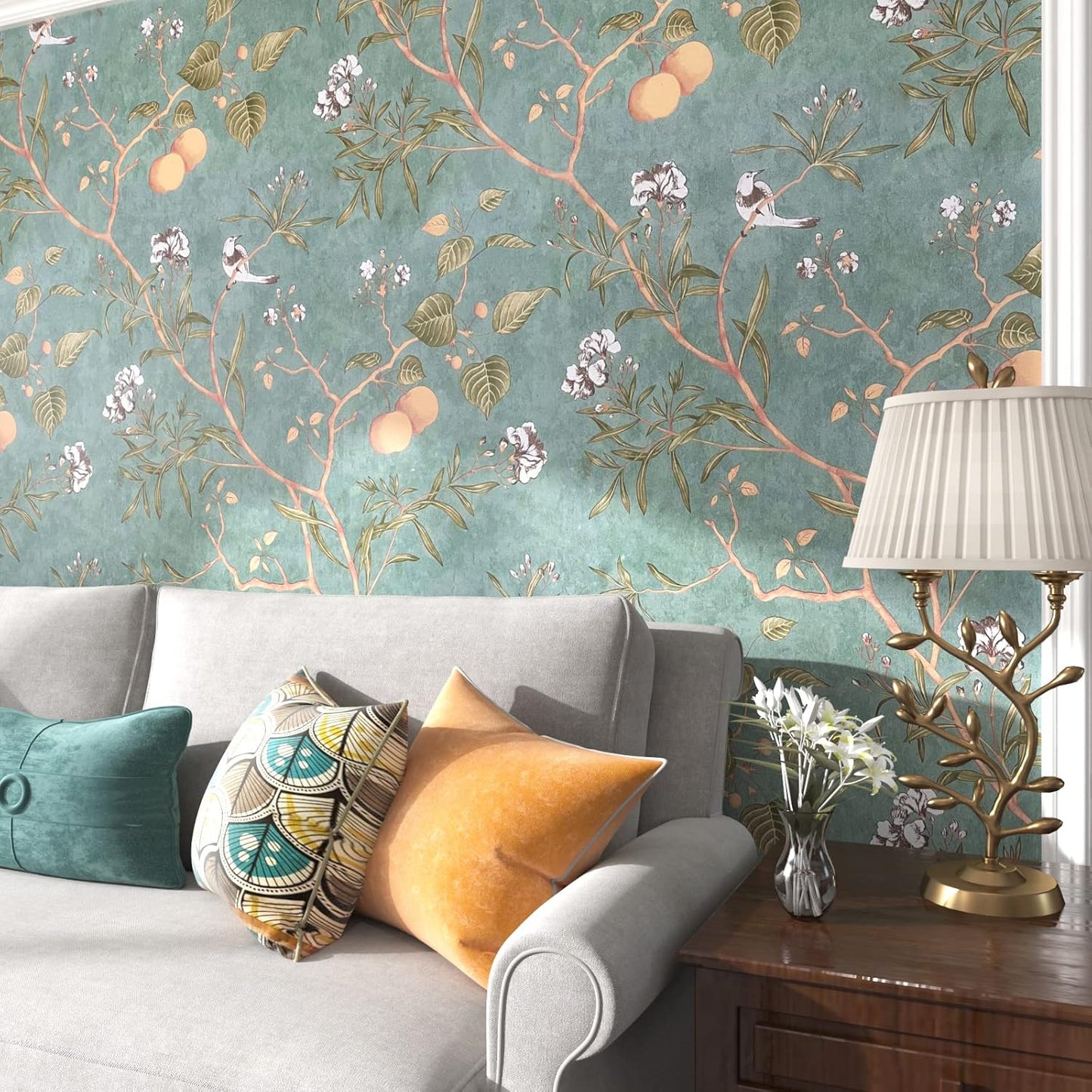 Green Leaf Wallpaper Peel and Stick Bird Wallpaper 17.5" x 393" Vintage Contact Paper Waterproof Self Adhesive Removable Boho Floral Wall Paper for Bedroom Walls Cabinet Locker