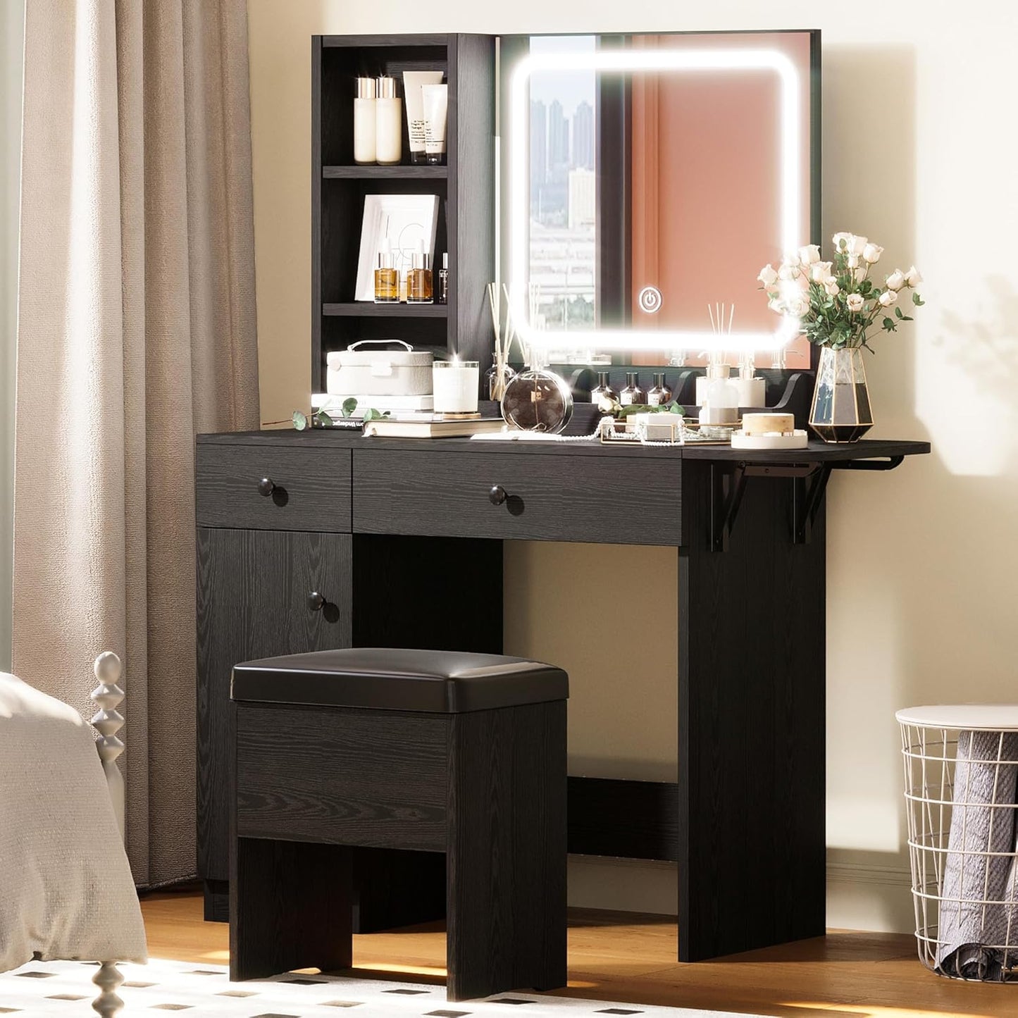 IRONCK Vanity Desk with LED Lighted Mirror & Power Outlet, Makeup Table with Drawers & Cabinet,Storage Stool, White