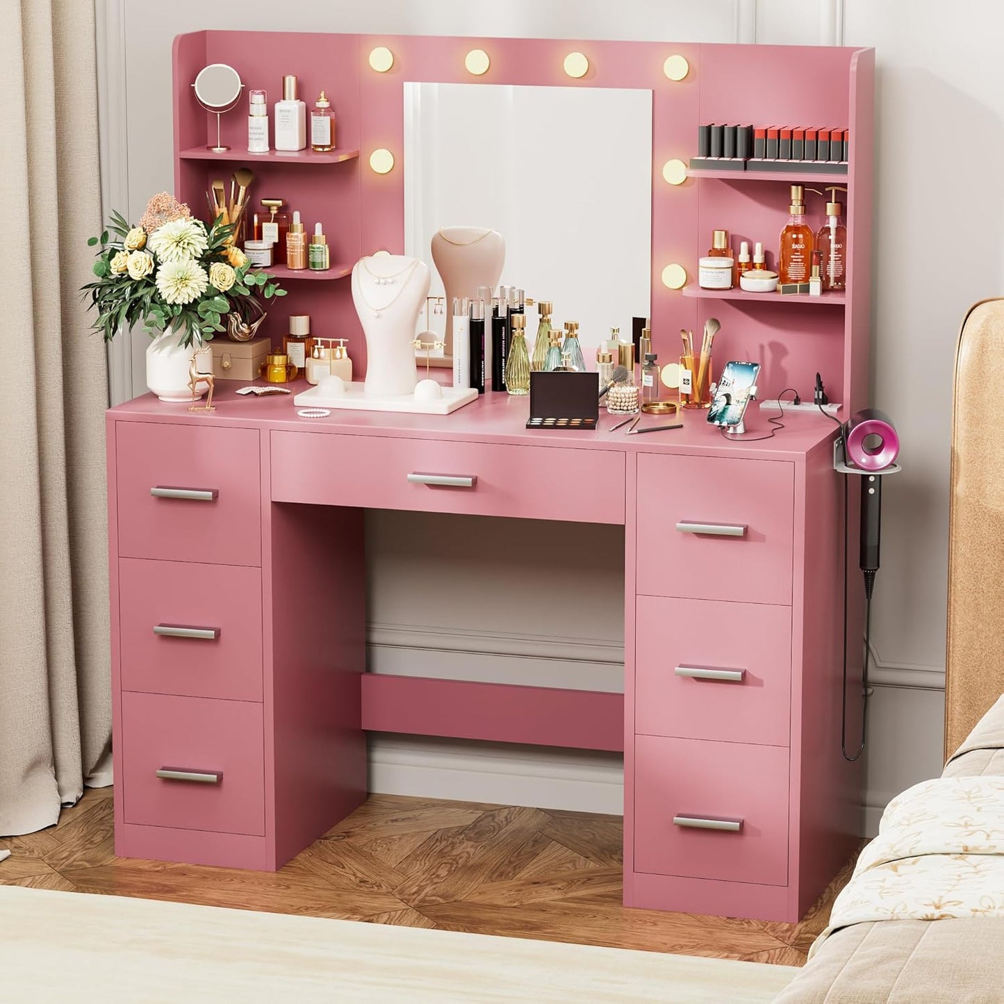 VICTONE Vanity Desk with LED Lighted Mirror&Power Outlet, 3 Model Lights Makeup Vanity Table with 7 Drawers and 6 Storage Shelves for Bedroom and Dressing Room (White)