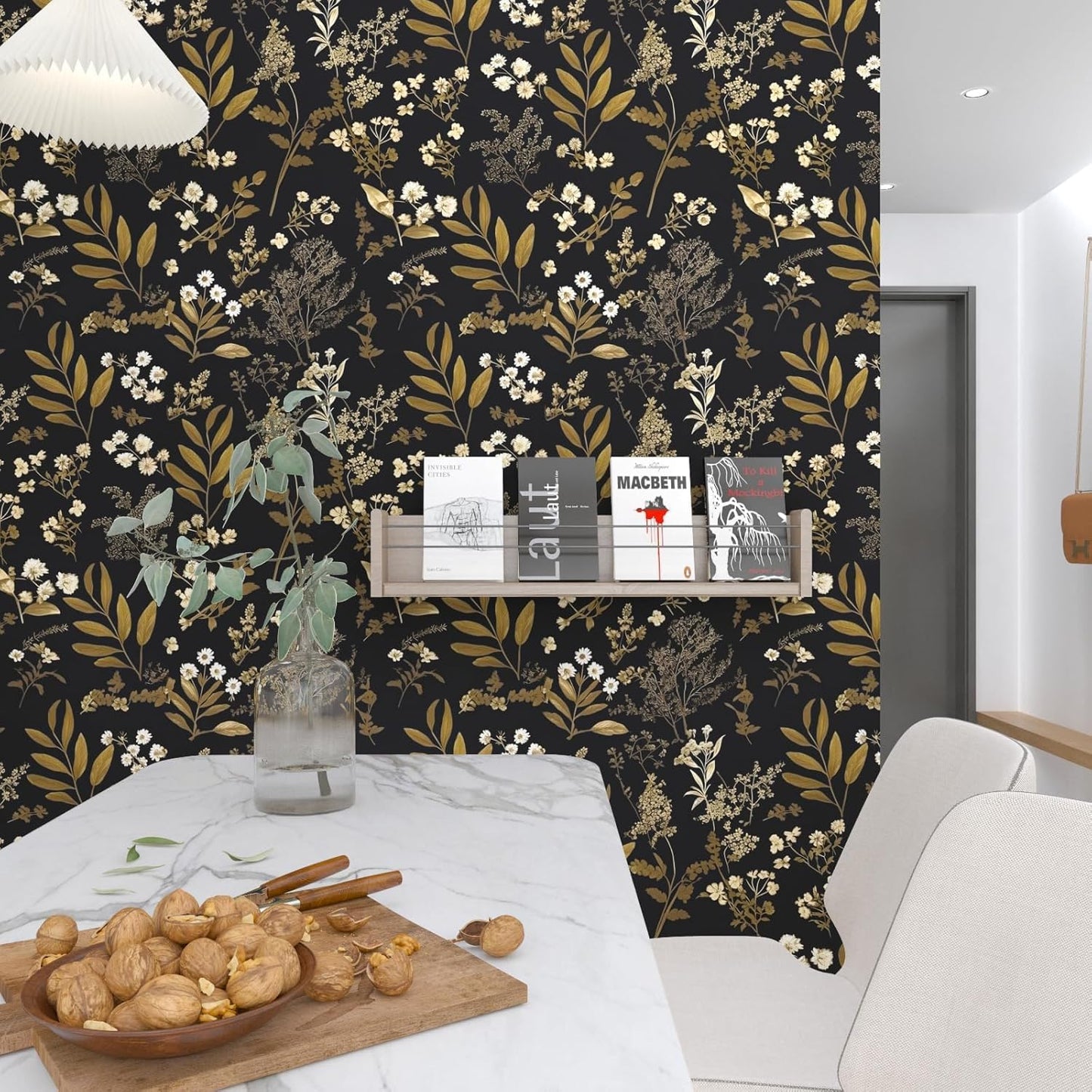 Dark Wallpaper Peel and Stick Black Floral Wallpaper 17.5'' x 393'' Gold Leaf Contact Paper Vinyl Waterproof Self Adhesive Boho Botanical Wall Paper for Bedroom Shlef Cabinet Décor