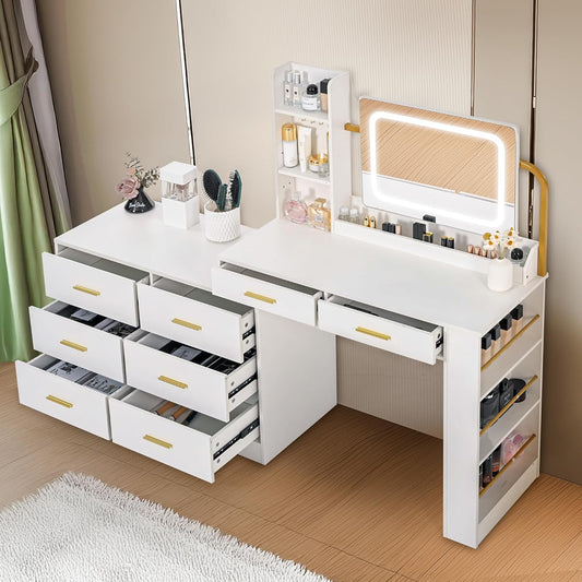 Pamapic 8 Drawers Makeup Vanity with Mirror and Lights, 15 Storage Vanity Desk with Power Outlet, Golden Handles Dresser with Mirror,Adjustable Width, White Dressing Table