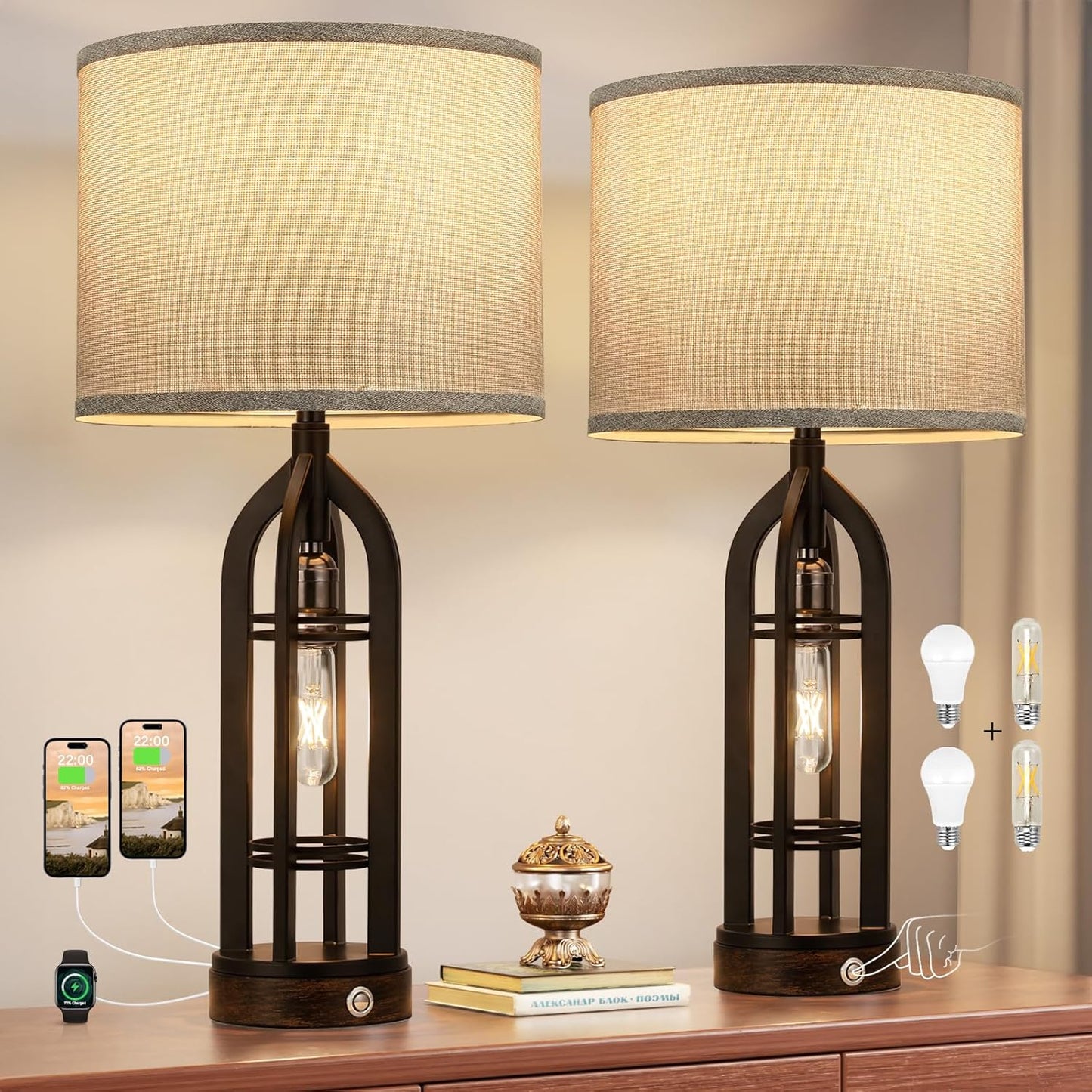 Seealle Table Lamps for Living Room Set of 2 - Black Bedside Lamp for Bedroom with USB C+A & Outlet, Farmhouse Lamps for Night Stands, 3-Way Dimmable Touch Lamps for Living Room with Oat Shade