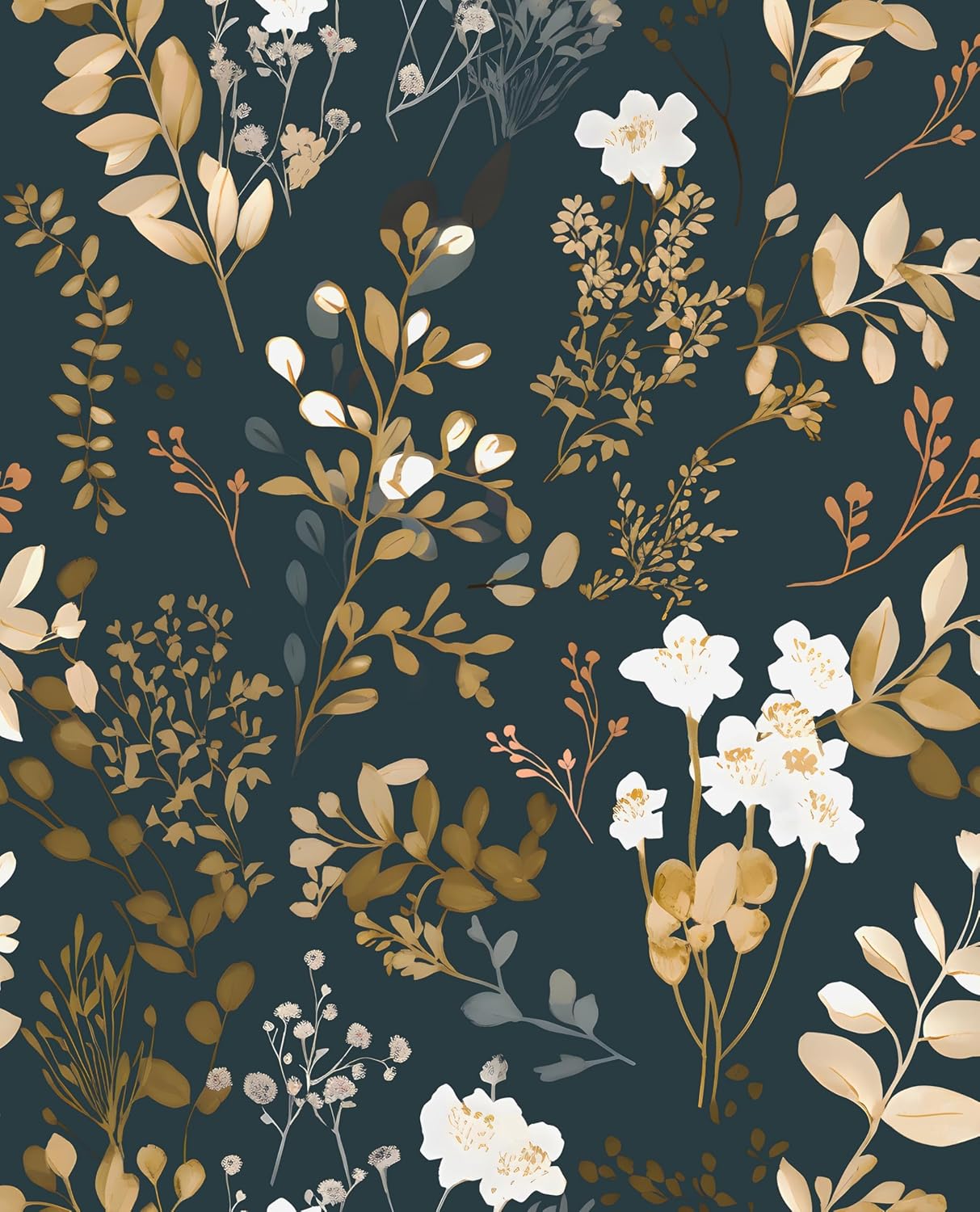 Dark Wallpaper Peel and Stick Black Floral Wallpaper 17.5'' x 393'' Gold Leaf Contact Paper Vinyl Waterproof Self Adhesive Boho Botanical Wall Paper for Bedroom Shlef Cabinet Décor