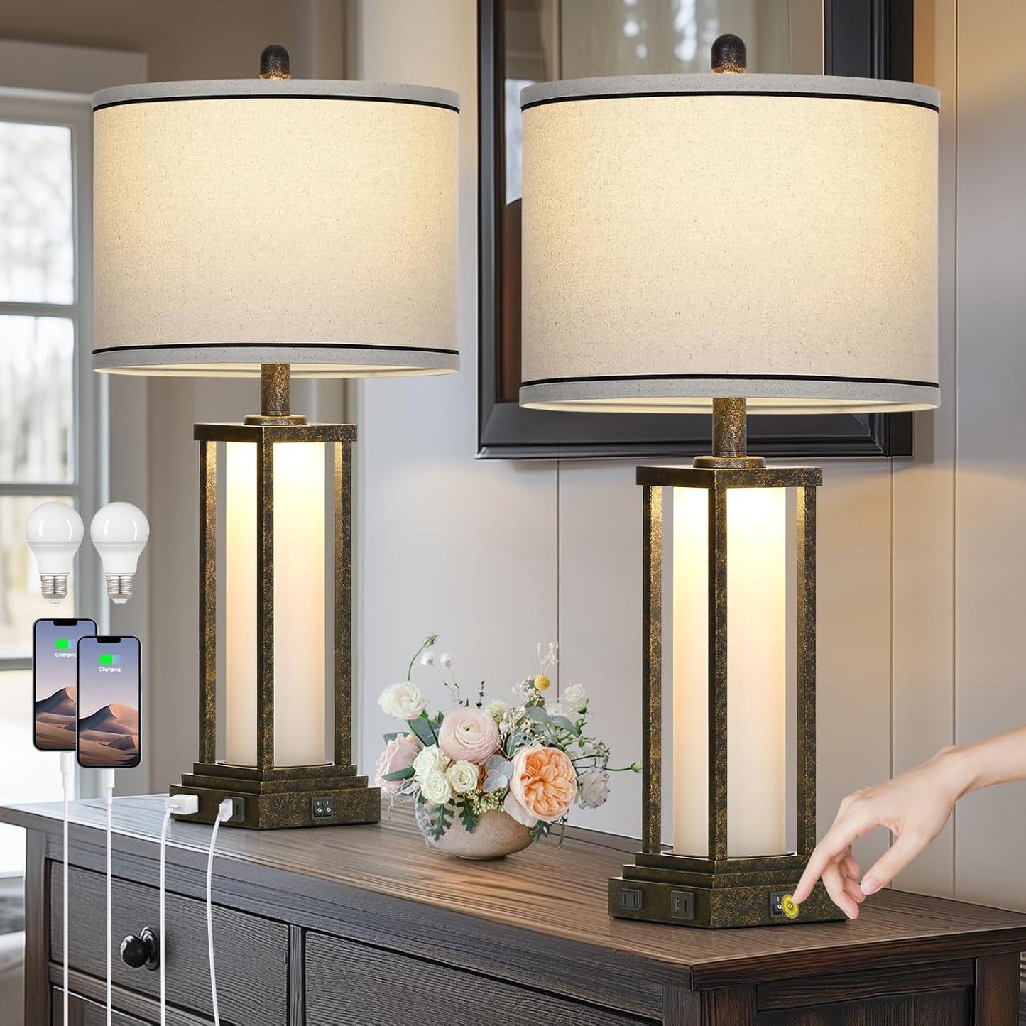 27" Tall Vintage Table Lamp Set of 2 with USB C+A & Outlet,Black Industrial End Table Lamp for Living Room,Farmhouse Rustic Bedside Lamps with Frosted Glass Night Light for Bedroom Nightstand,Black