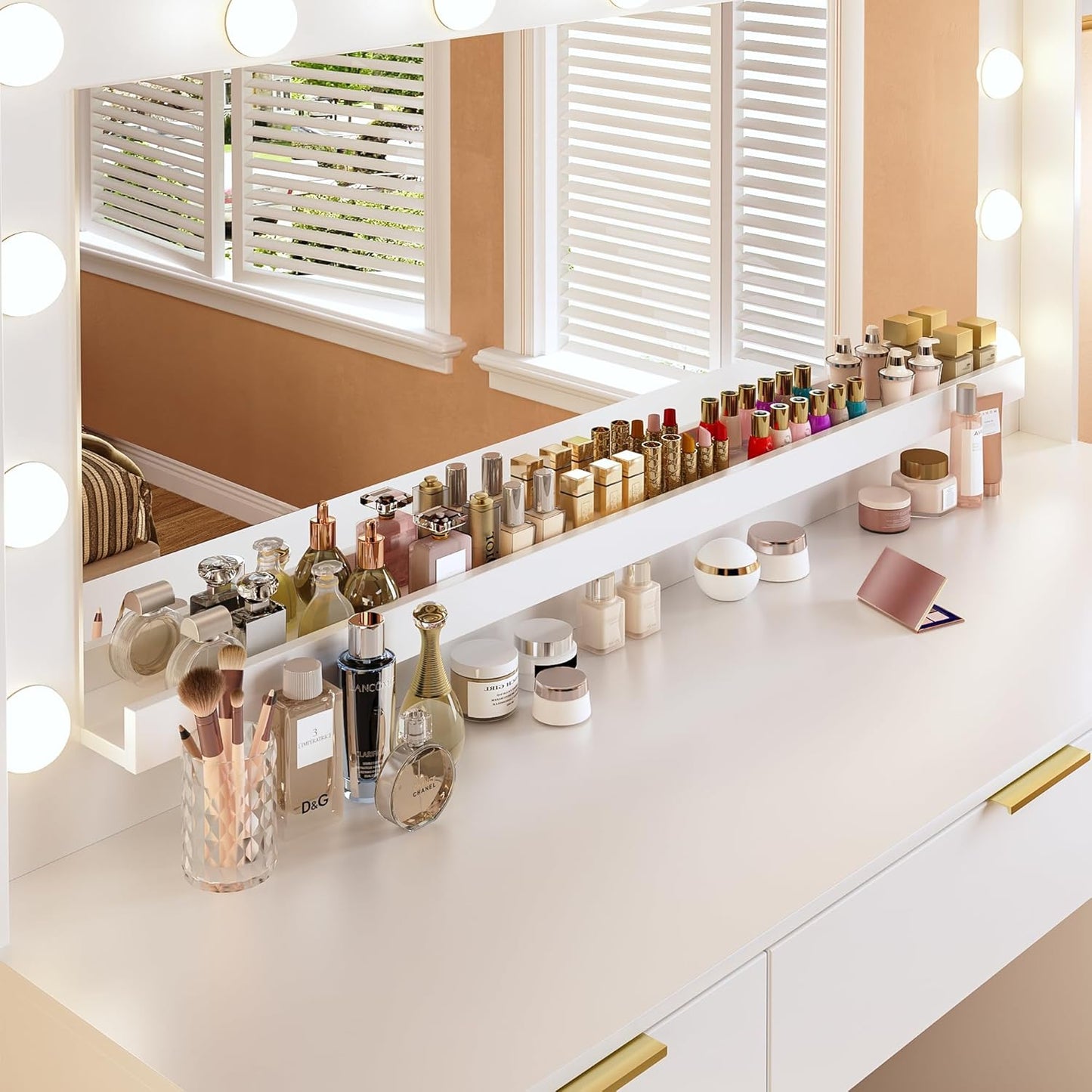 Vanity Desk with Large Mirror and Lights, 45.3in Makeup Vanity with Power Outlet 9 Drawers & Storage, 3 Lighting Color Adjustable, White Vanity Desk for Bedroom