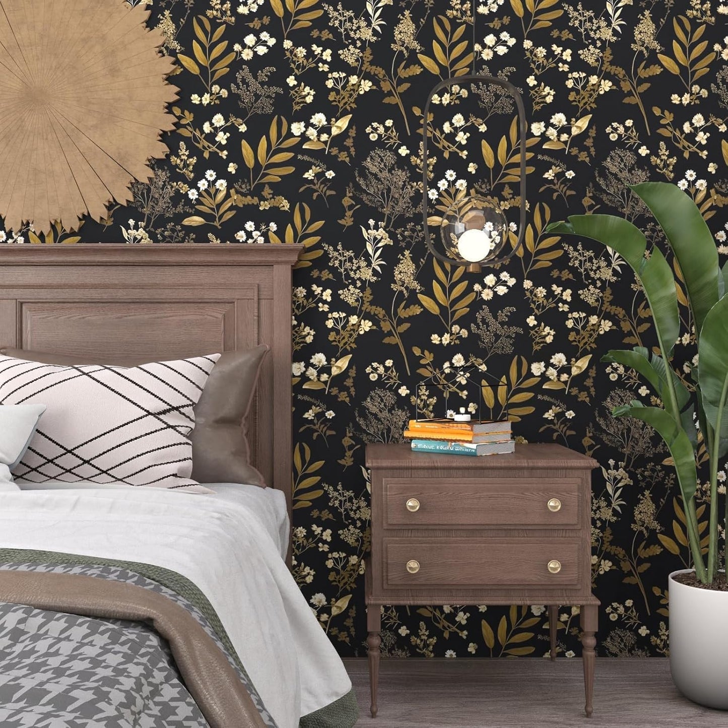 Dark Wallpaper Peel and Stick Black Floral Wallpaper 17.5'' x 393'' Gold Leaf Contact Paper Vinyl Waterproof Self Adhesive Boho Botanical Wall Paper for Bedroom Shlef Cabinet Décor