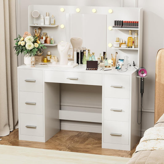 VICTONE Vanity Desk with LED Lighted Mirror&Power Outlet, 3 Model Lights Makeup Vanity Table with 7 Drawers and 6 Storage Shelves for Bedroom and Dressing Room (White)