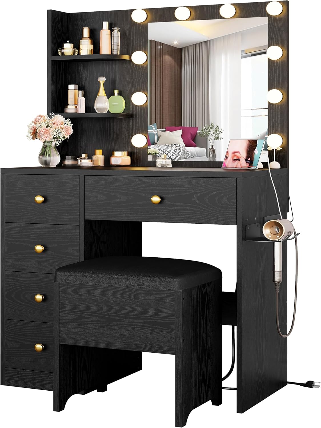 IRONCK Vanity Desk with Mirror and Lights, Small Makeup Vanity Table with 5 Drawers, Power Outlet, and Vanity Stool, 3 Lighting Colors, Dressing Table for Women Girls Bedroom, White