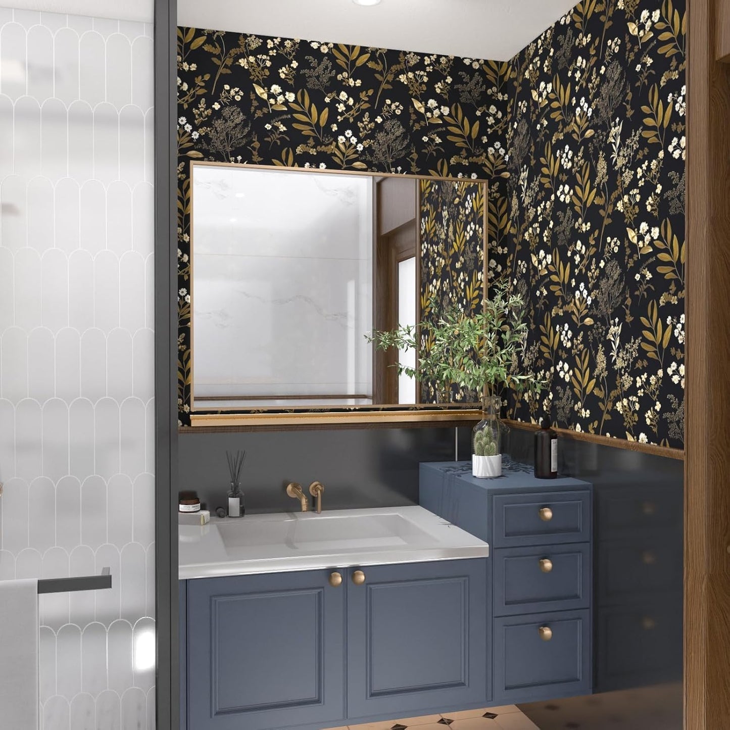 Dark Wallpaper Peel and Stick Black Floral Wallpaper 17.5'' x 393'' Gold Leaf Contact Paper Vinyl Waterproof Self Adhesive Boho Botanical Wall Paper for Bedroom Shlef Cabinet Décor