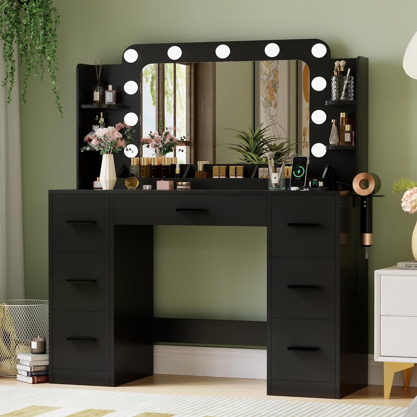 JUMMICO Makeup Vanity Desk with Large Mirror and Lights, Vanity with Power Strip and Hairdryer Holder, 6 Open Shelves and 7 Drawers Modern Dressing Table, for Bedroom (White)