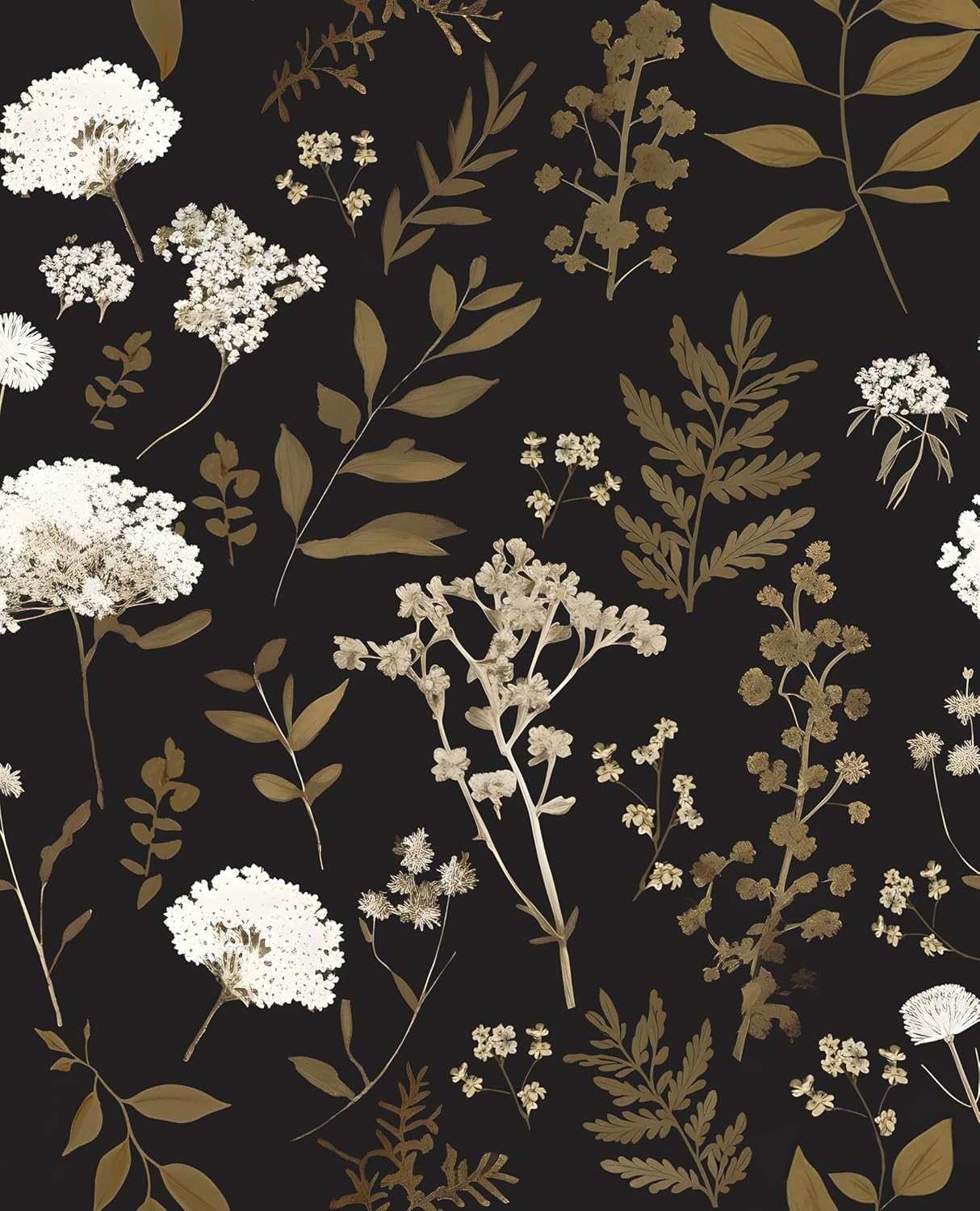 Dark Wallpaper Peel and Stick Black Floral Wallpaper 17.5'' x 393'' Gold Leaf Contact Paper Vinyl Waterproof Self Adhesive Boho Botanical Wall Paper for Bedroom Shlef Cabinet Décor