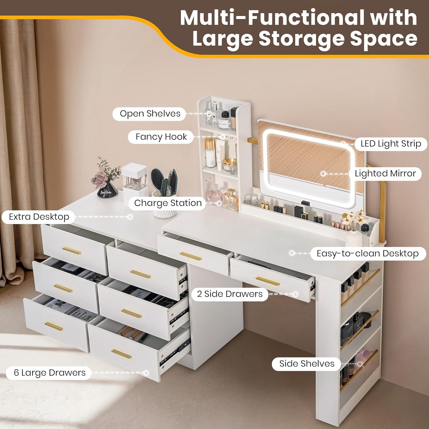 Pamapic 8 Drawers Makeup Vanity with Mirror and Lights, 15 Storage Vanity Desk with Power Outlet, Golden Handles Dresser with Mirror,Adjustable Width, White Dressing Table