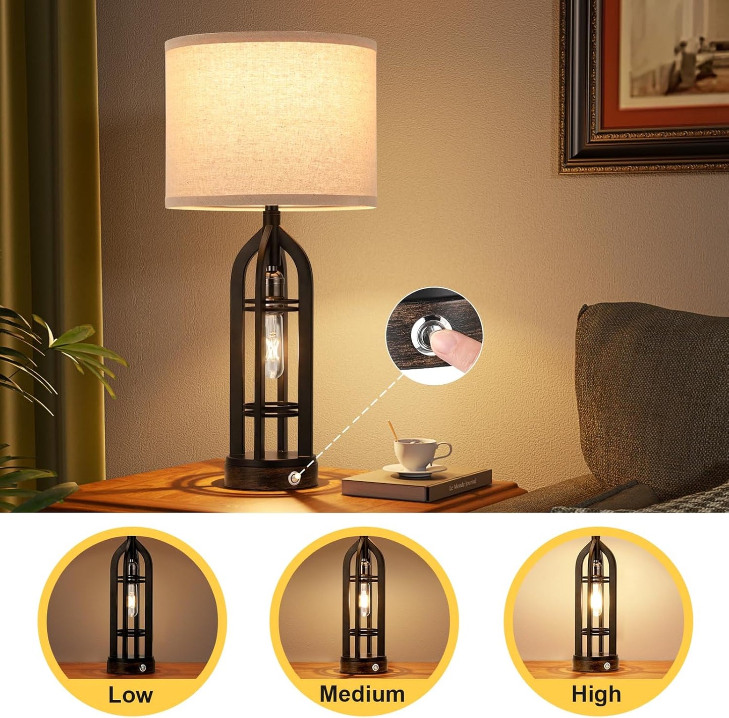 Seealle Table Lamps for Living Room Set of 2 - Black Bedside Lamp for Bedroom with USB C+A & Outlet, Farmhouse Lamps for Night Stands, 3-Way Dimmable Touch Lamps for Living Room with Oat Shade