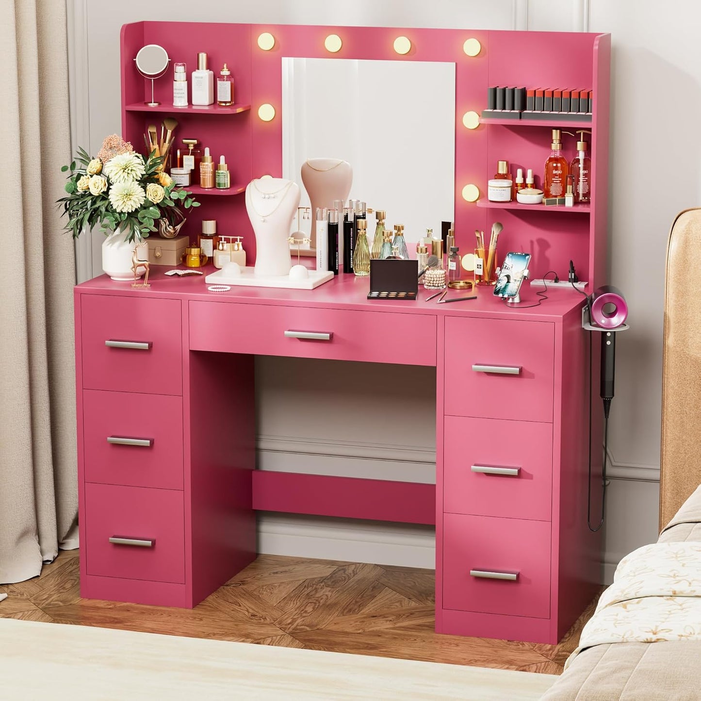 VICTONE Vanity Desk with LED Lighted Mirror&Power Outlet, 3 Model Lights Makeup Vanity Table with 7 Drawers and 6 Storage Shelves for Bedroom and Dressing Room (White)
