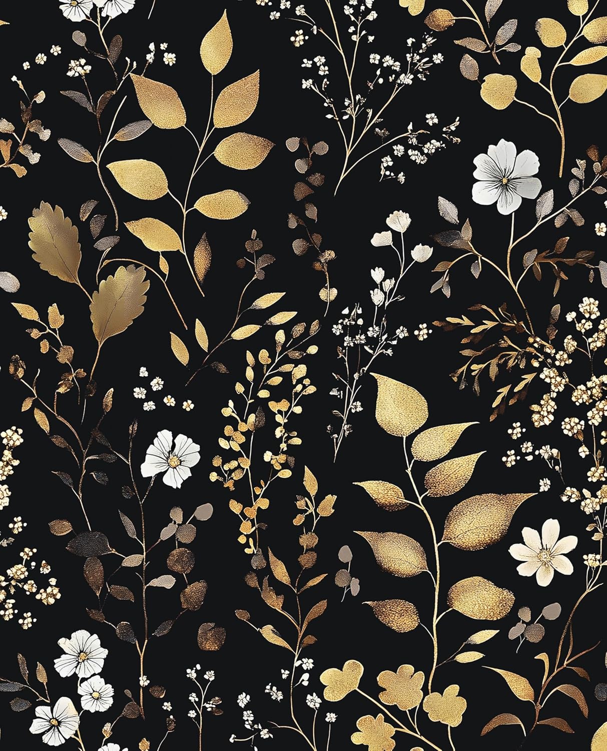 Dark Wallpaper Peel and Stick Black Floral Wallpaper 17.5'' x 393'' Gold Leaf Contact Paper Vinyl Waterproof Self Adhesive Boho Botanical Wall Paper for Bedroom Shlef Cabinet Décor
