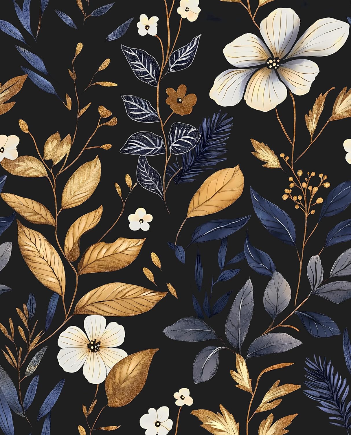 Dark Wallpaper Peel and Stick Black Floral Wallpaper 17.5'' x 393'' Gold Leaf Contact Paper Vinyl Waterproof Self Adhesive Boho Botanical Wall Paper for Bedroom Shlef Cabinet Décor