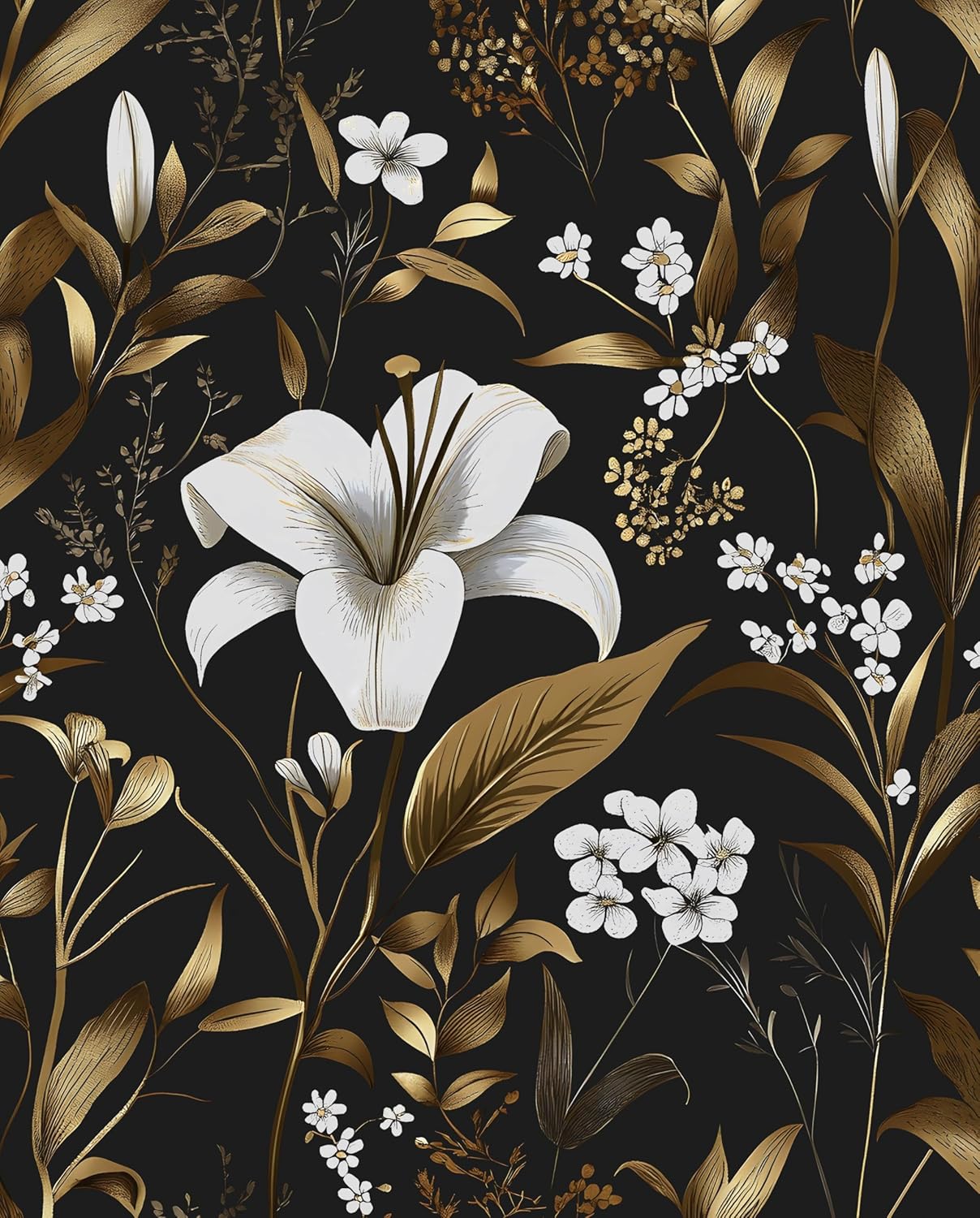 Dark Wallpaper Peel and Stick Black Floral Wallpaper 17.5'' x 393'' Gold Leaf Contact Paper Vinyl Waterproof Self Adhesive Boho Botanical Wall Paper for Bedroom Shlef Cabinet Décor