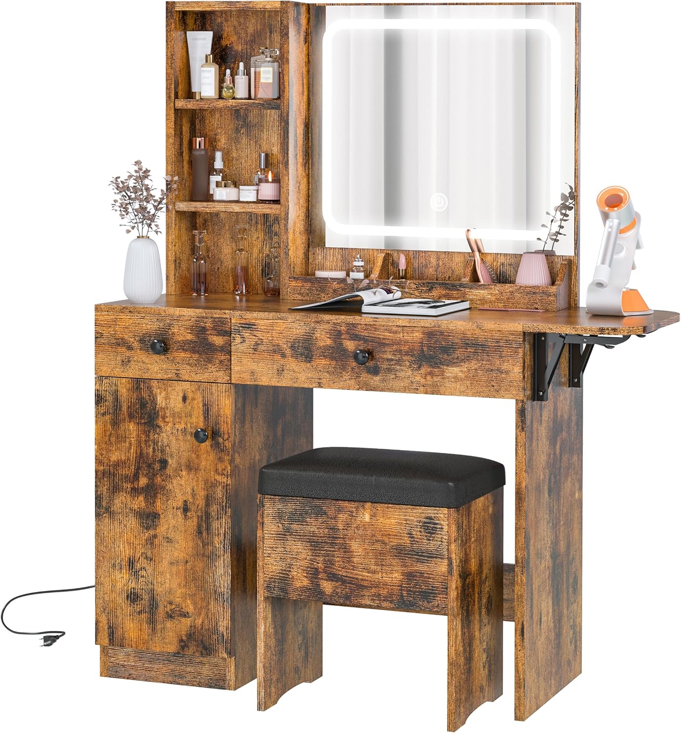 IRONCK Vanity Desk with LED Lighted Mirror & Power Outlet, Makeup Table with Drawers & Cabinet,Storage Stool, White