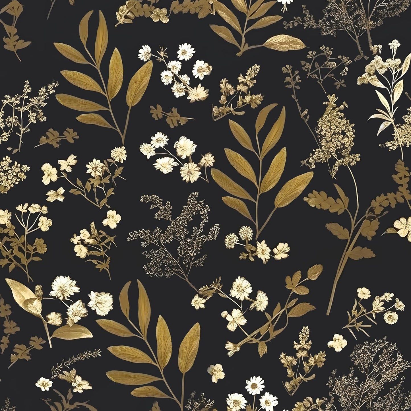 Dark Wallpaper Peel and Stick Black Floral Wallpaper 17.5'' x 393'' Gold Leaf Contact Paper Vinyl Waterproof Self Adhesive Boho Botanical Wall Paper for Bedroom Shlef Cabinet Décor